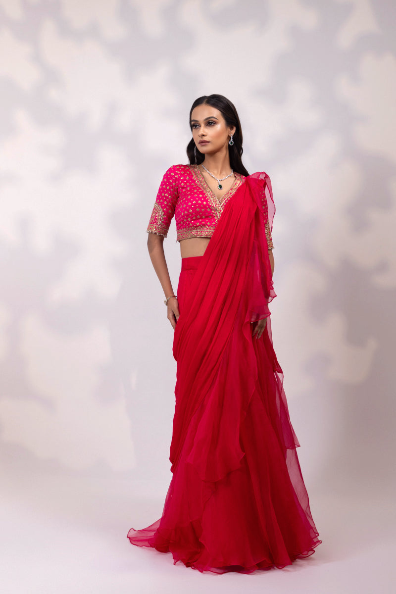 Pink Embroidered Blouse with Sheer Drape