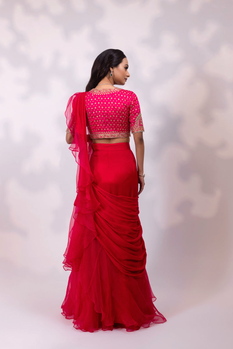 Pink Embroidered Blouse with Sheer Drape