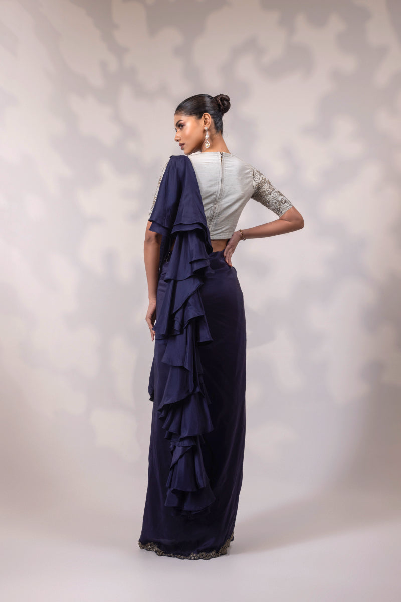 Navy Saree with Silver Embroidered Blouse