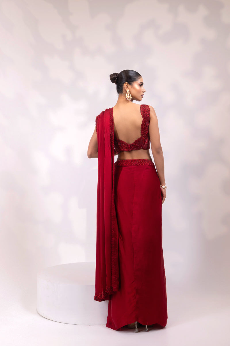 Red Embellished Drape Saree Gown