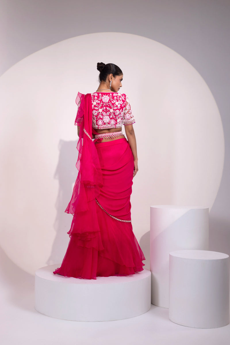 Pink Saree with White Floral Embroidered Blouse and Beaded Detailing