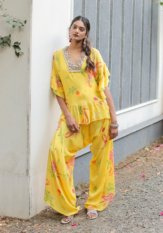 Yellow Printed Embroidered Co-ordset