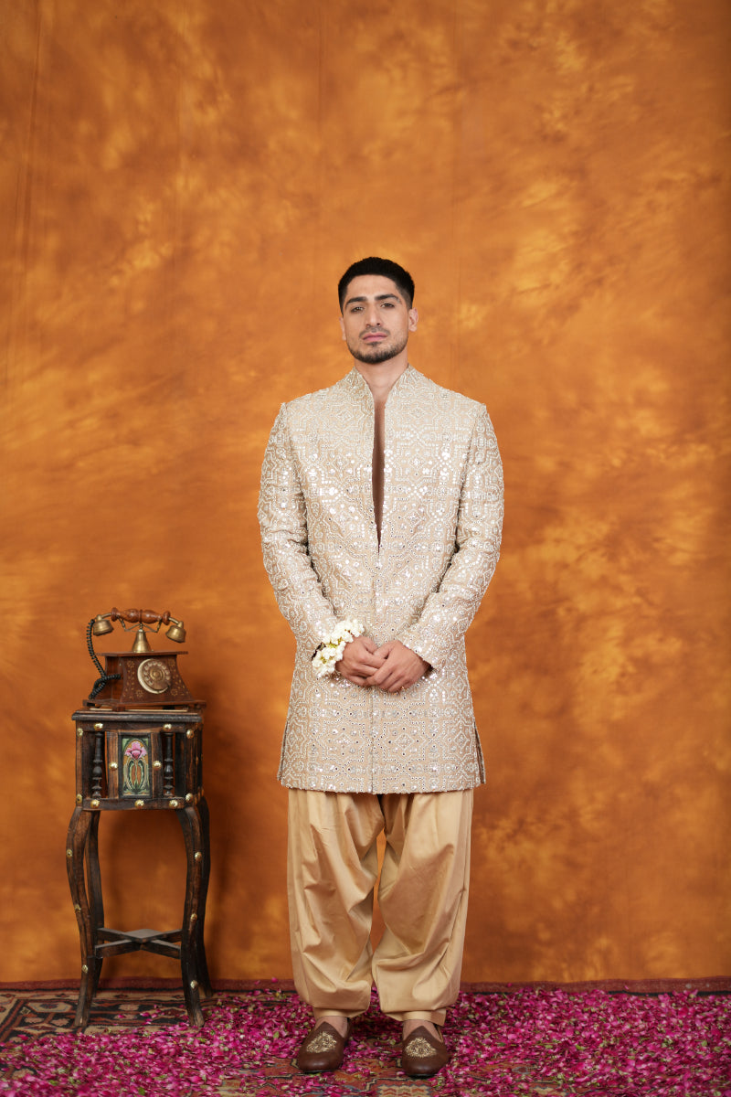 Beige Bam Silk Embroidery Indo Western Set