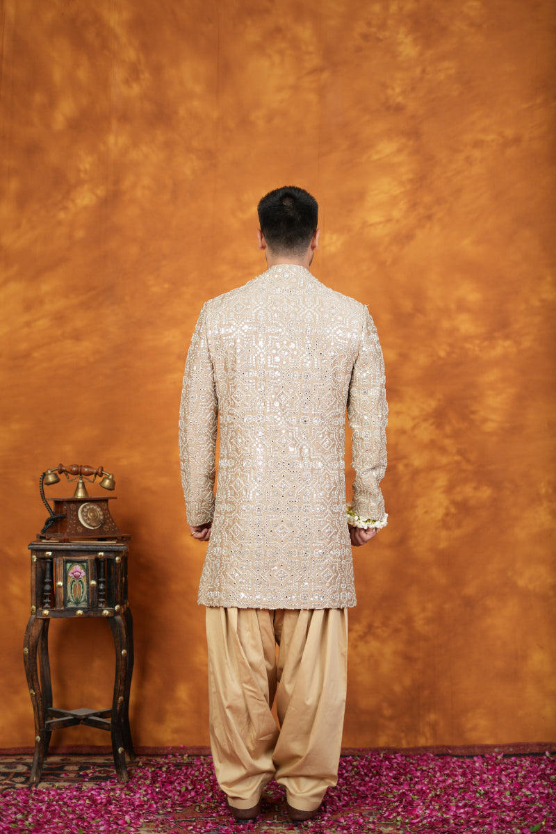 Beige Bam Silk Embroidery Indo Western Set