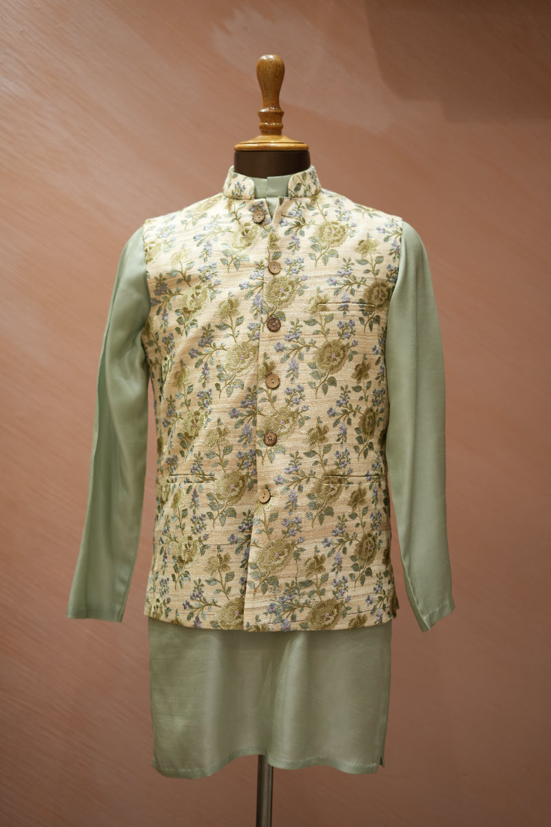 Beige Green Bandi Kurta set