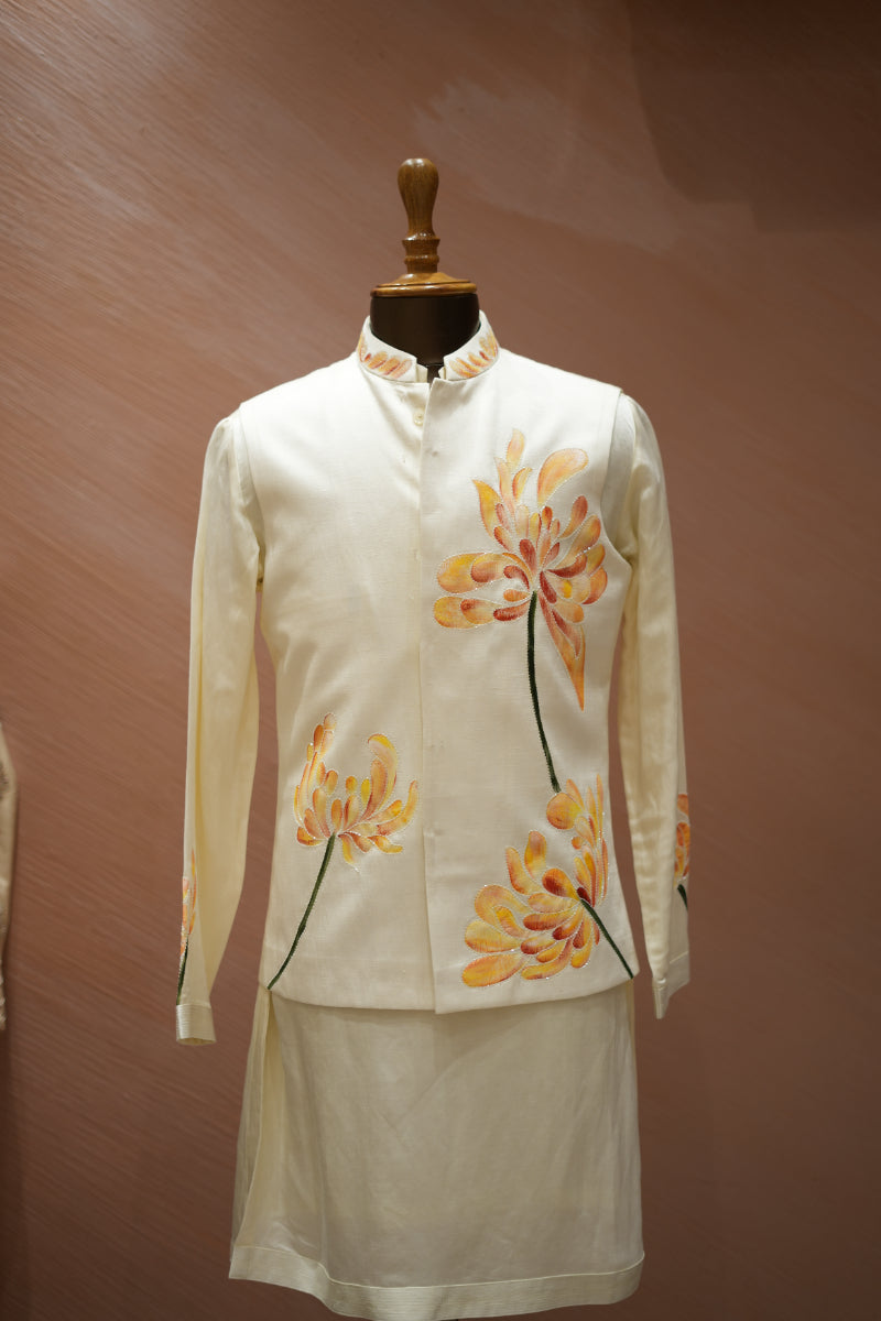 Beige Yellow Bandi Kurta Set