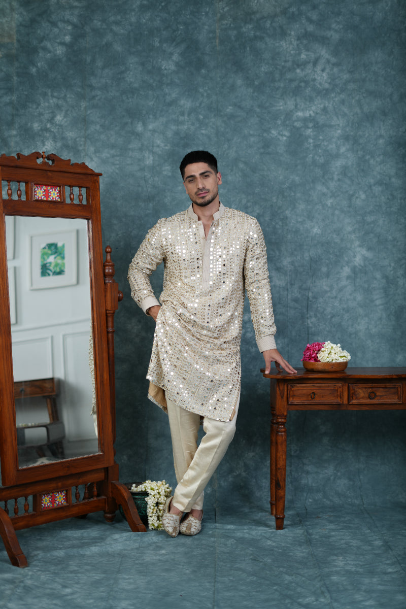 Ivory Grey Raw Silk Kurta Set