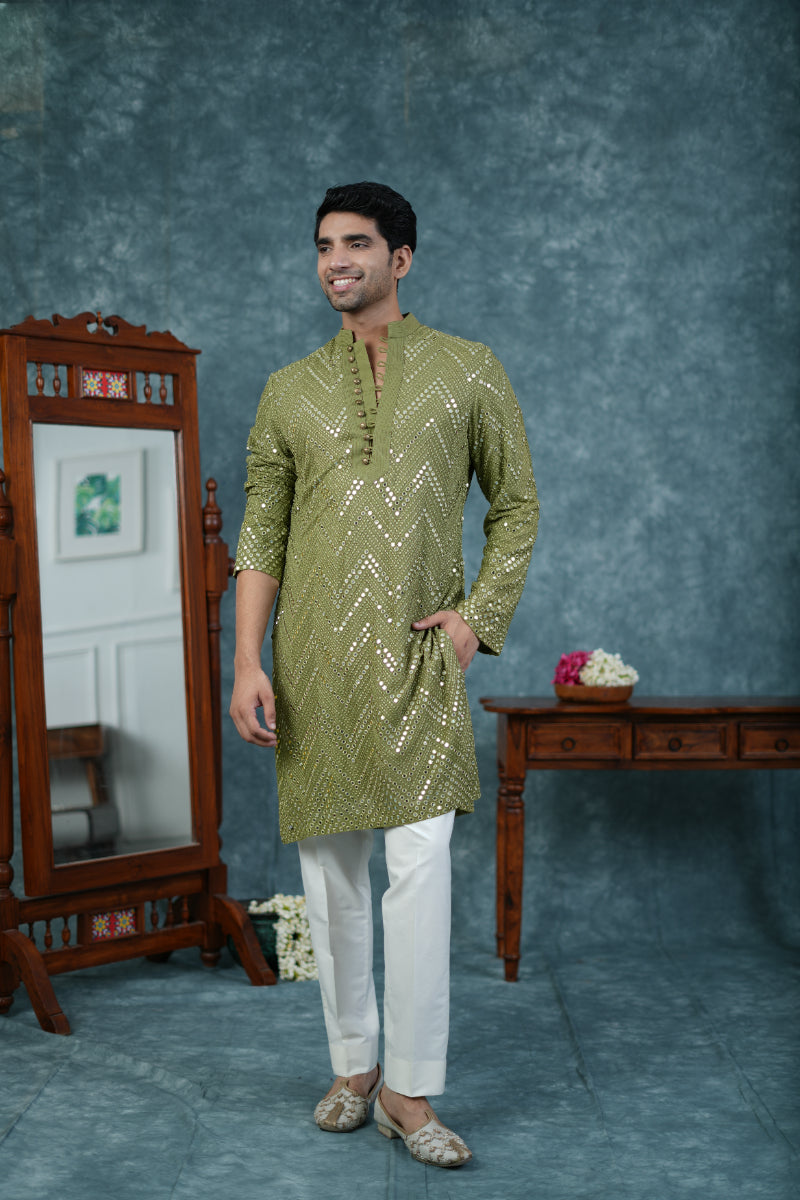 Fern Green Silk Kurta Set