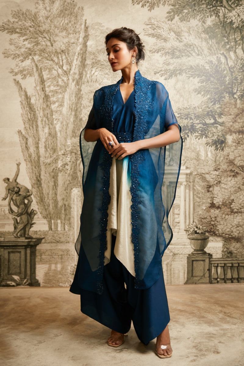 Cape, Belt, Handkerchief Kurta And Asymetrric Pant