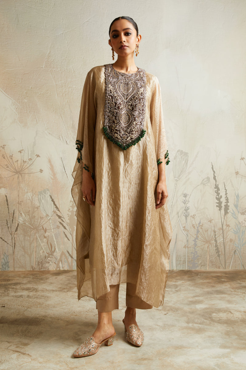 Rs Brown Yoke Crushed Tissue Kaftaan