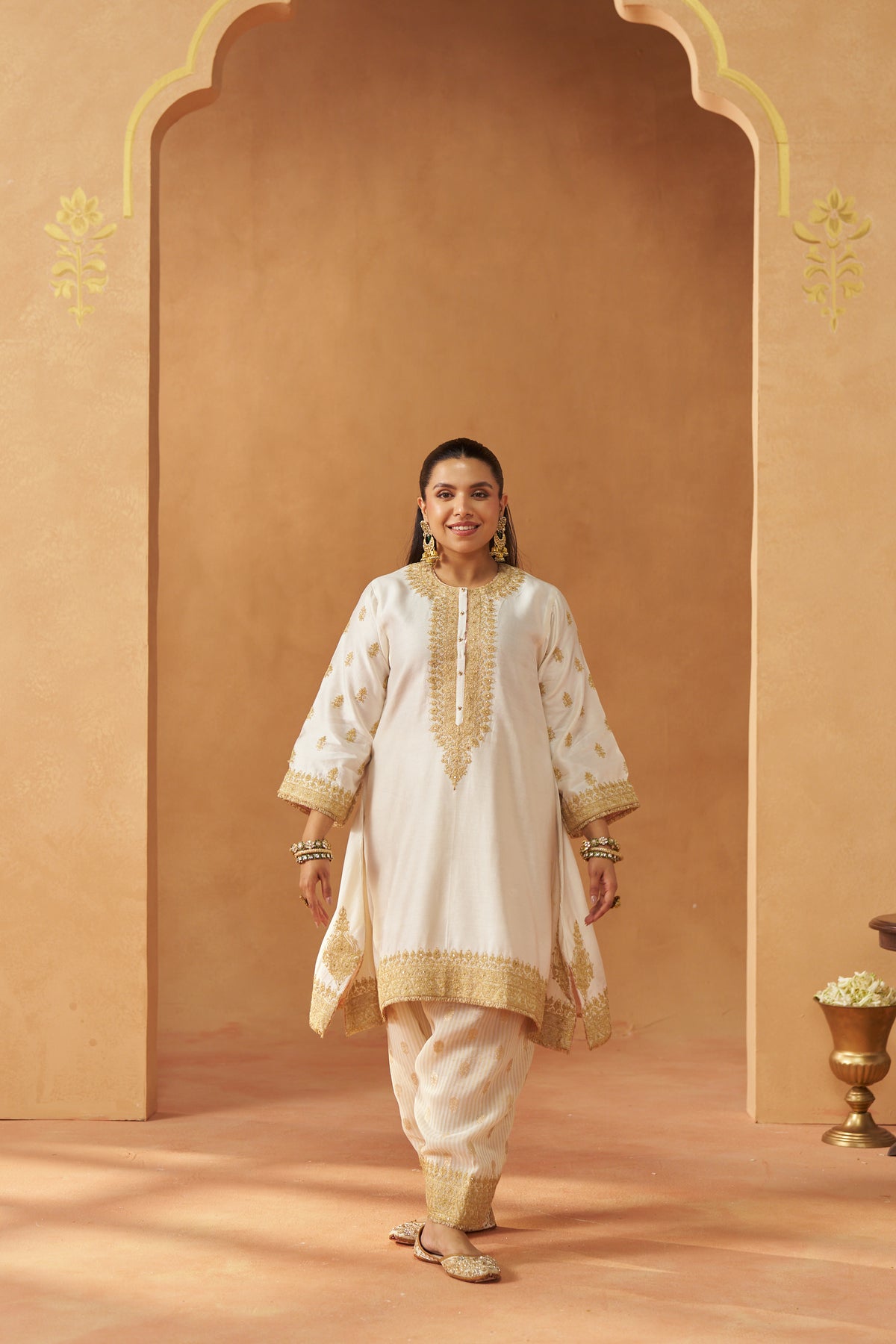 Zeenal Daisy Ivory A-Line Kaaftan with Salwar with Dupatta