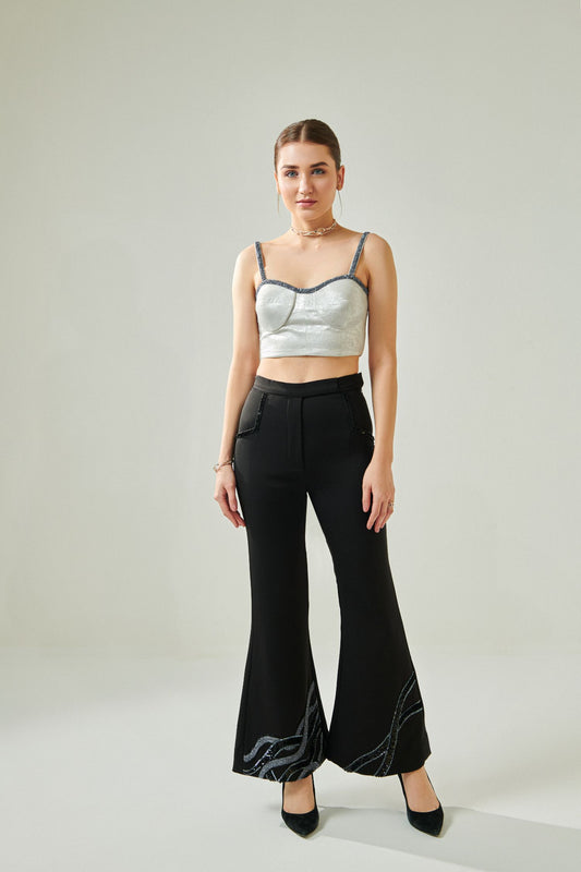 Silver Corset And Hand Embroidered Pants Set With Faux Pocket Detail