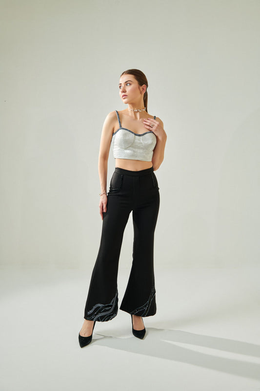 Silver Corset And Hand Embroidered Pants Set With Faux Pocket Detail