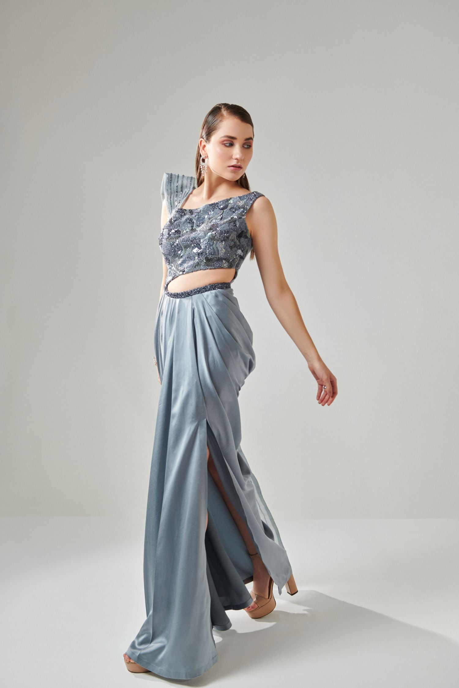 Ash Grey Drape Saree Gown With Embellished 3-D Palla