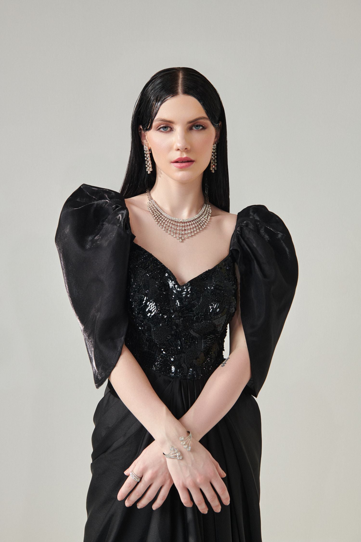 Black Draped Gown With Voluminous Sleeves