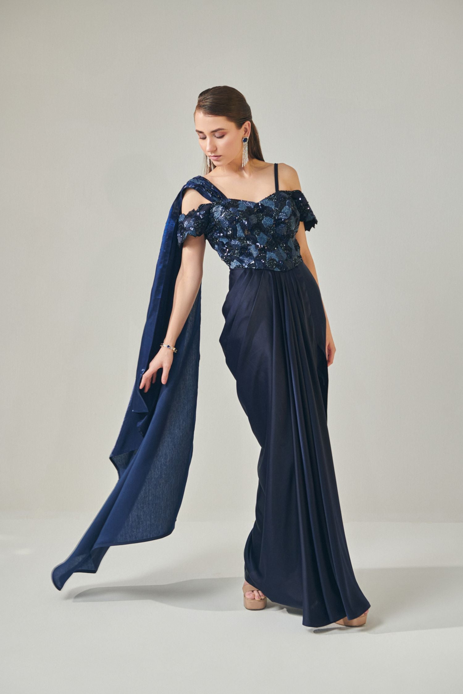 Midnight Blue Off- Shoulder Drape Gown With Detachable Palla