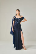 Load image into Gallery viewer, Midnight Blue Off- Shoulder Drape Gown With Detachable Palla
