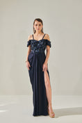 Load image into Gallery viewer, Midnight Blue Off- Shoulder Drape Gown With Detachable Palla

