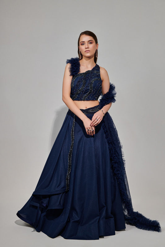 Midnight Blue Multi Layered Kali Lehenga With One Shoulder Blouse And Attached Ruffle Dupatta