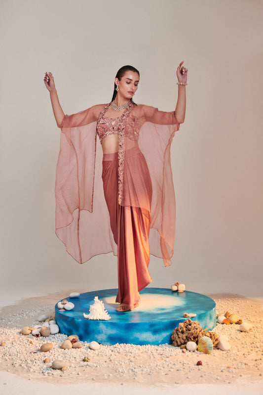 Salmon Pink Pure Organza Cape Cutwork Zardozi Embroidery, French Knot Detail