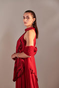 Load image into Gallery viewer, Scarlet Red Cutwork Asymmetric Tunic , Twisted Pleats Dupatta
