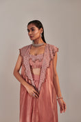 Load image into Gallery viewer, Salmon Pink Shawl Collar Cutwork Cape And Water Effect Embroidred Blouse ; Gradient Colour Embroidery
