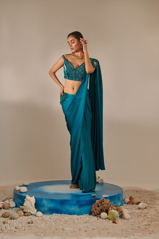 Teal Off Shoulder Pre-Stitch Drape Saree Set