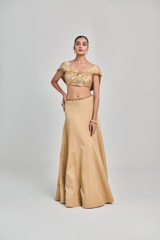 Golden Cowl Sleeves Cutwork Blouse Kalidar Skirt Set