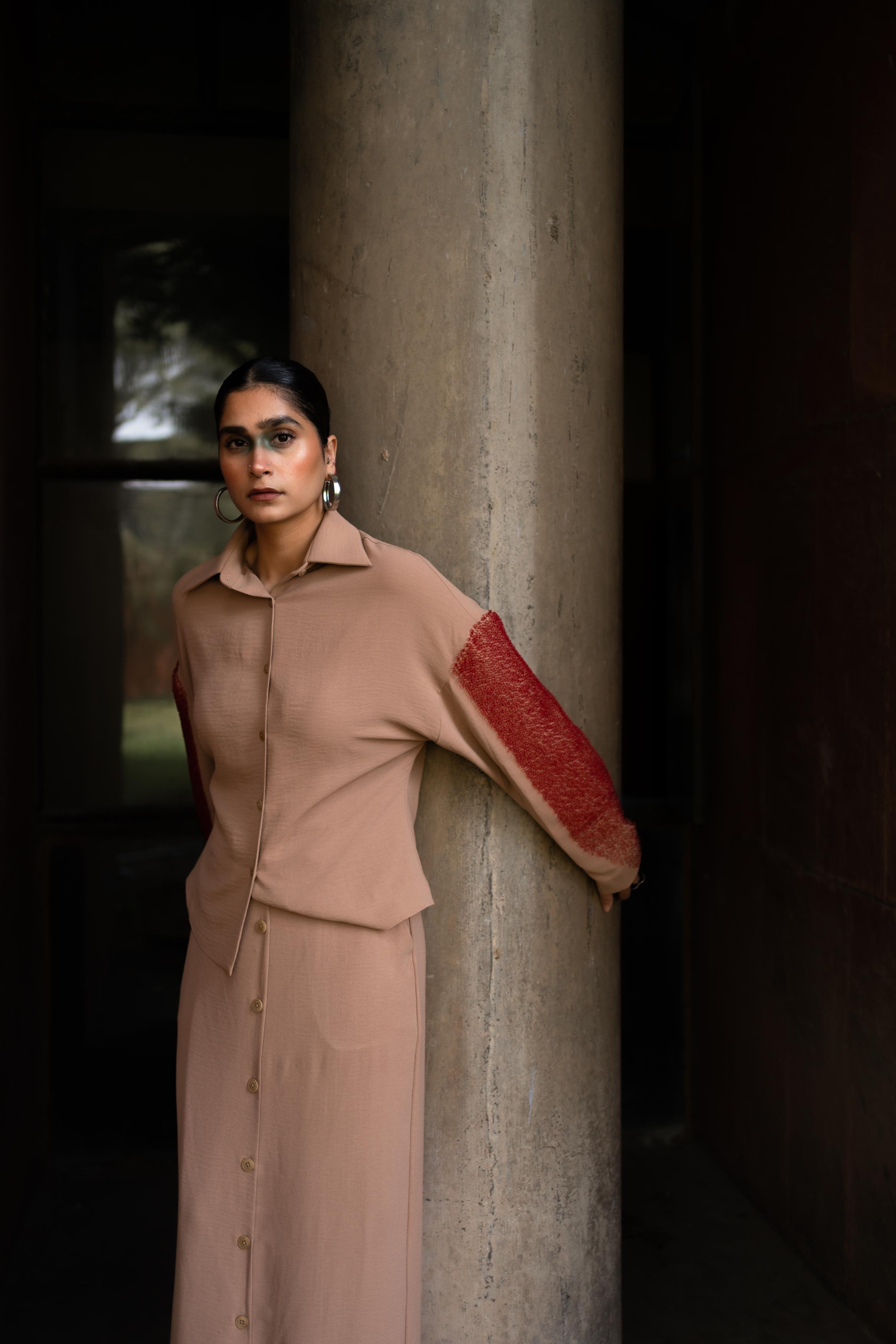 Beige looped sleeve shirt