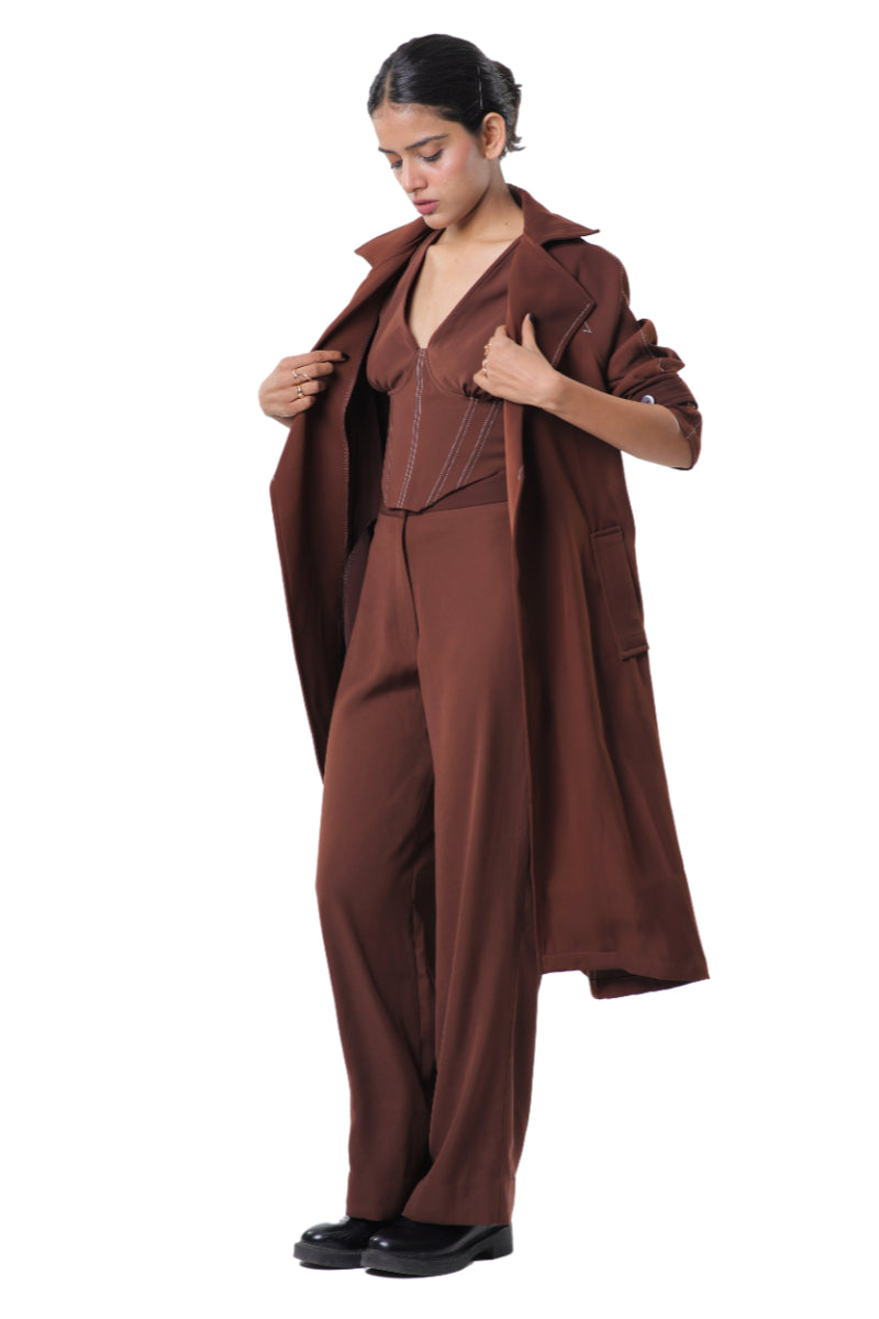 TRENCH COAT WITH AFFAIR CORSET PAIRED UP WITH HIGH WAISTED PANTS