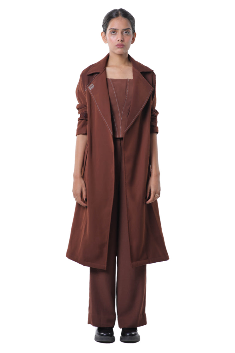 TRENCH COAT WITH KNOTTY CORSET PAIRED UP WITH HIGH WAISTED PANTS
