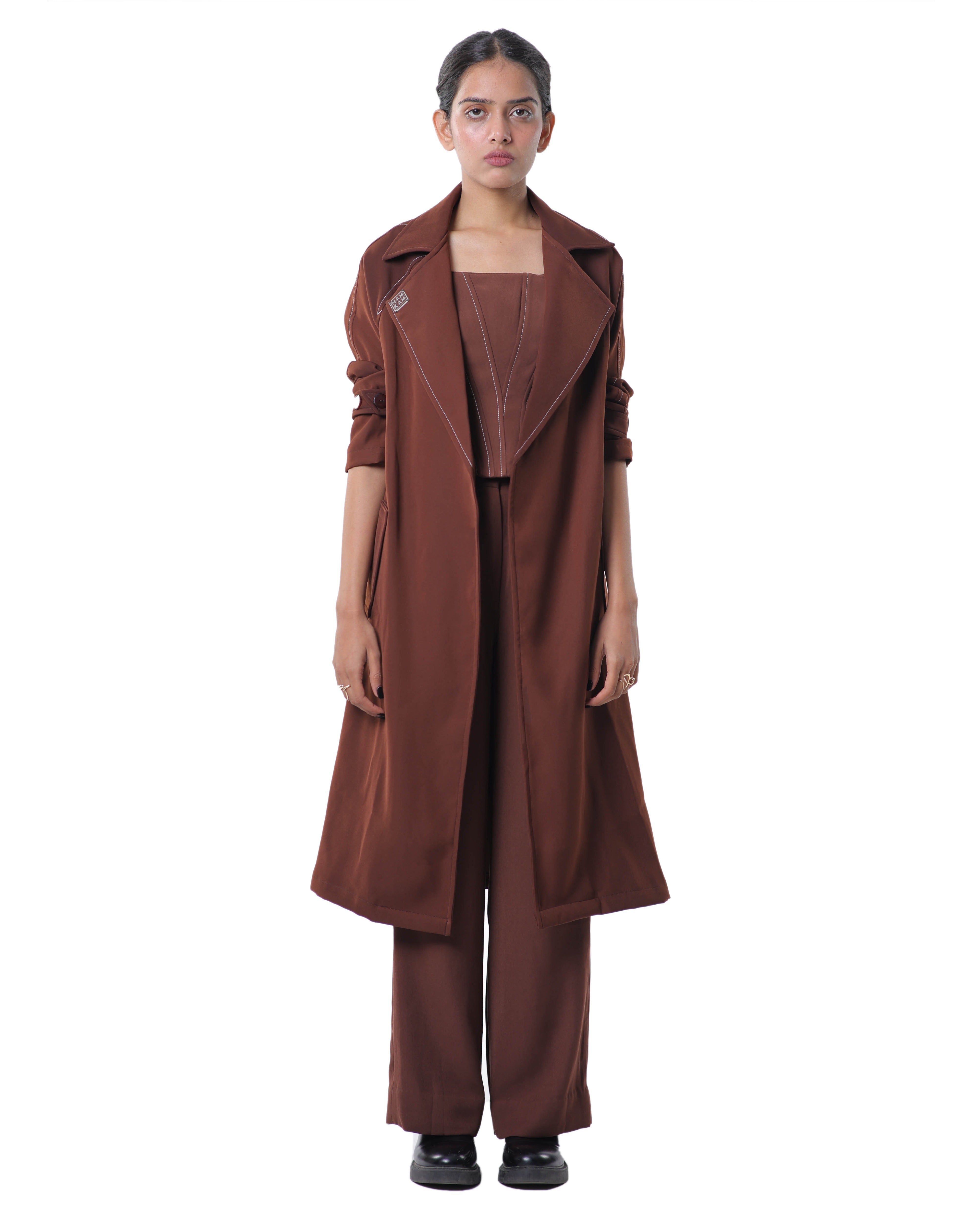 TRENCH COAT WITH KNOTTY CORSET PAIRED UP WITH HIGH WAISTED PANTS