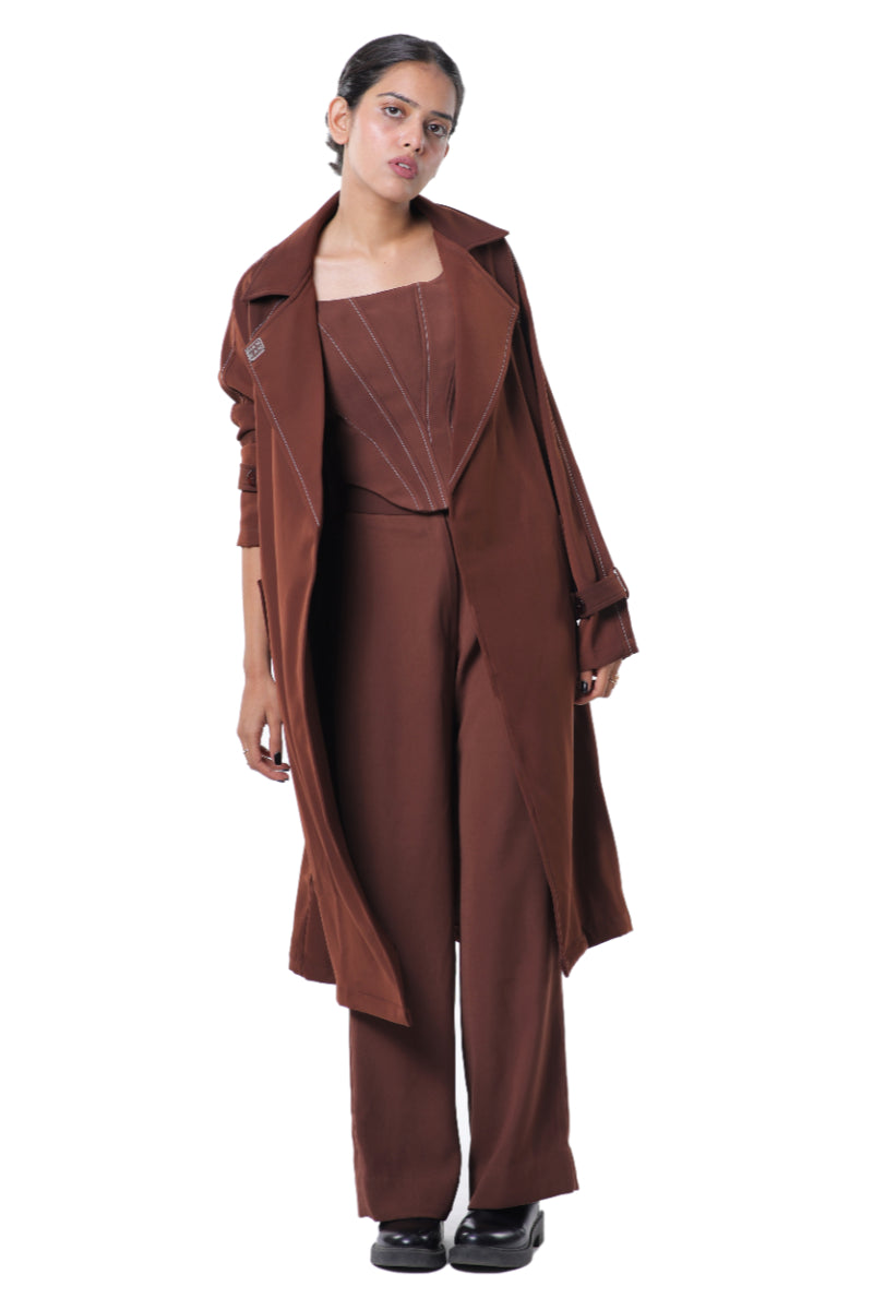 TRENCH COAT WITH KNOTTY CORSET PAIRED UP WITH HIGH WAISTED PANTS