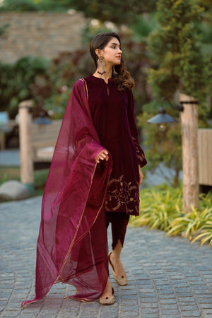 Wine Velvet Suit with Tulip Pants- Inching India