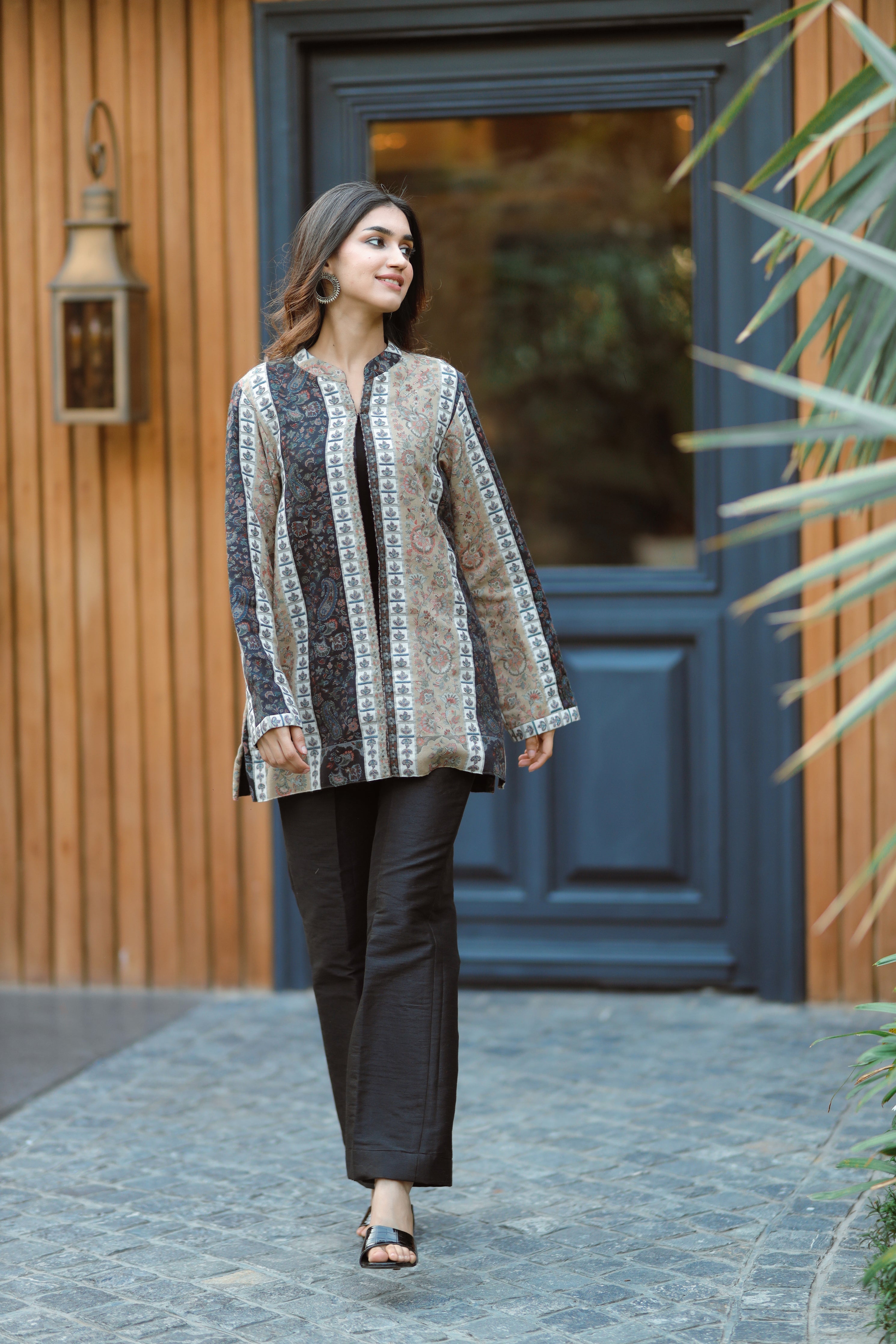 Black -Beige Woolen Cape For Women -Inching India