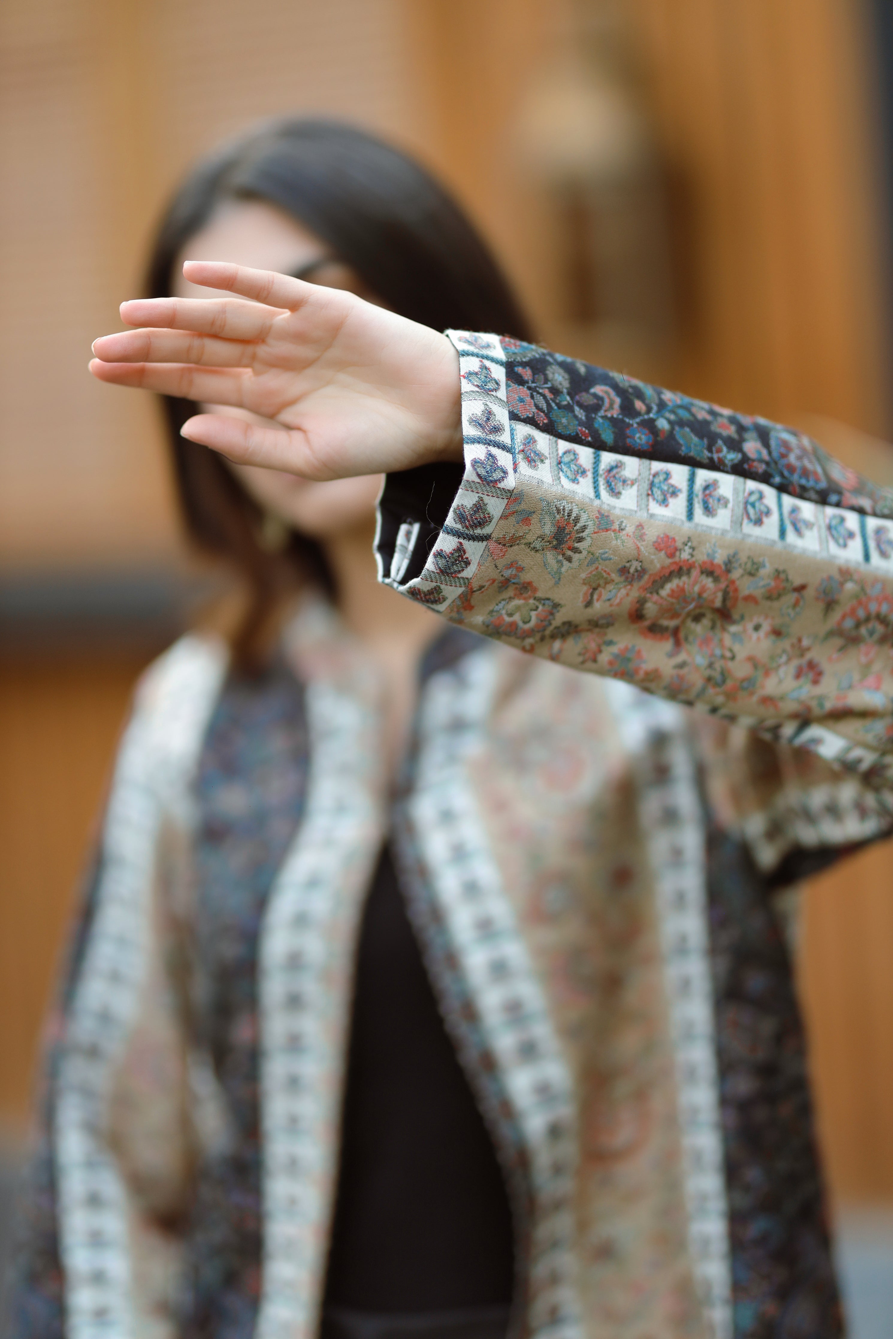 Black -Beige Woolen Cape For Women -Inching India