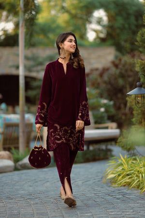 Wine Velvet Suit with Tulip Pants- Inching India