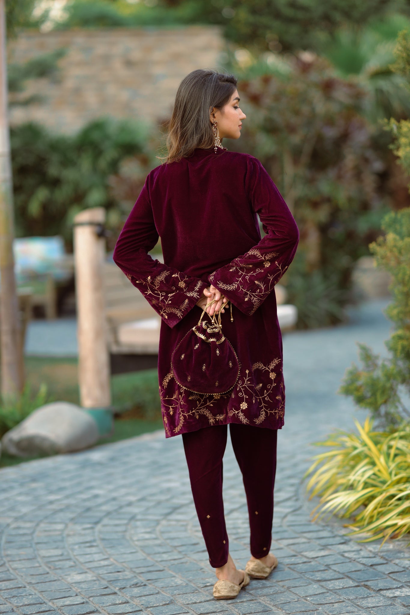 Wine Velvet Suit with Tulip Pants- Inching India