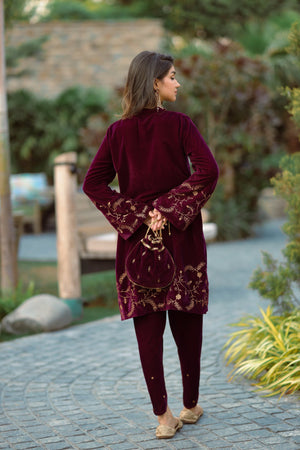 Wine Velvet Suit with Tulip Pants- Inching India