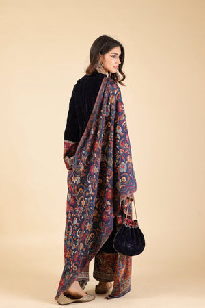 Navy Blue Crush Suit with Women Chanderi Dupatta - Inching India