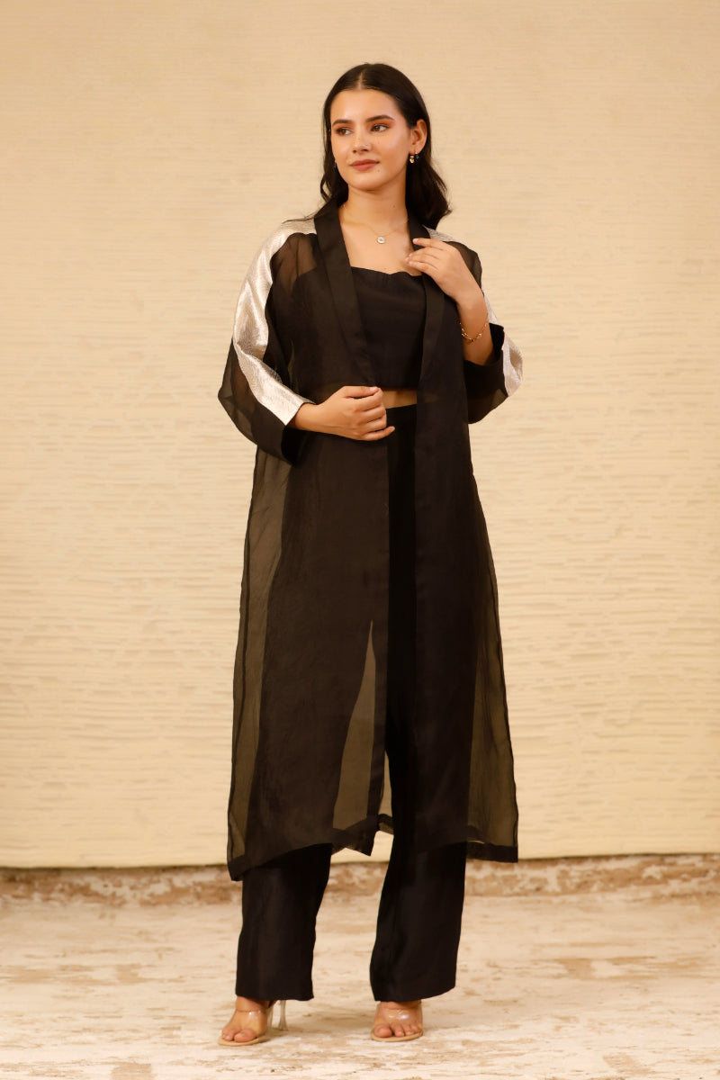 Chamak Long Coat With Coords -Black