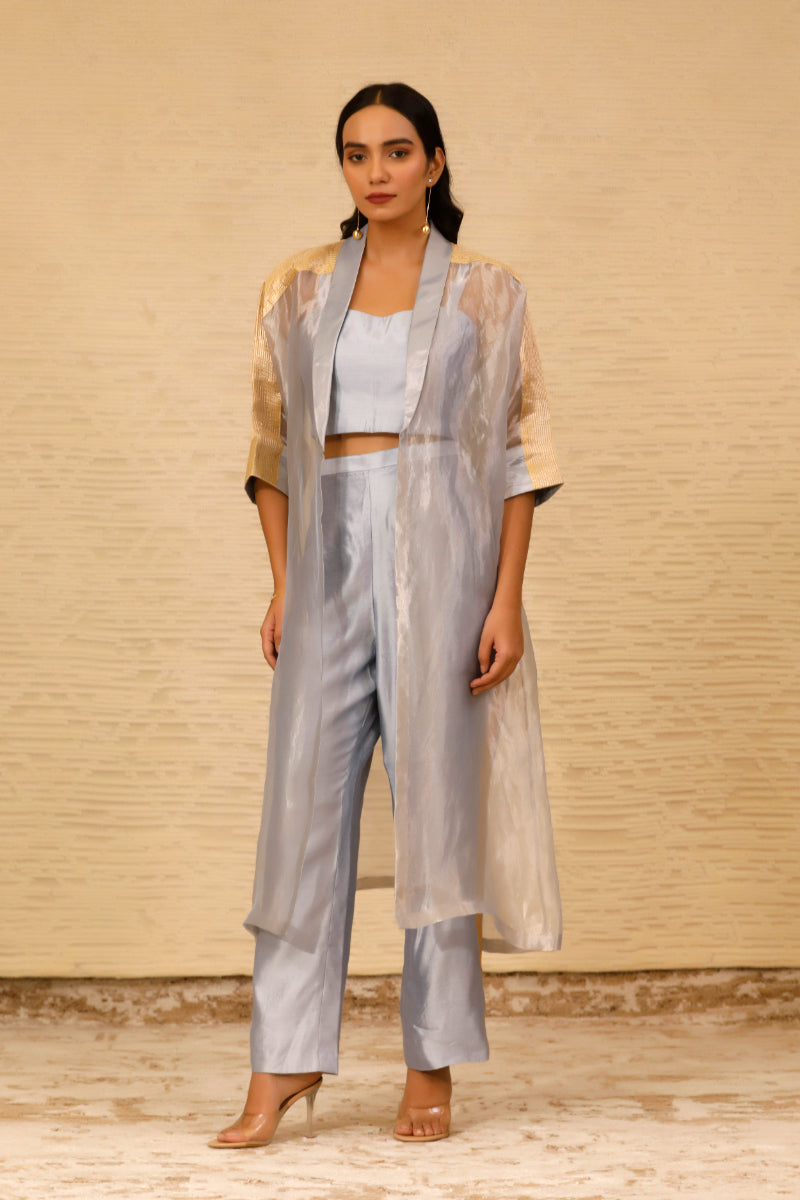 Chamak Long Coat With Coords-Blue