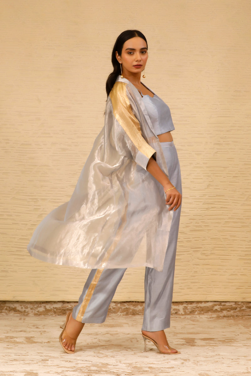 Chamak Long Coat With Coords-Blue