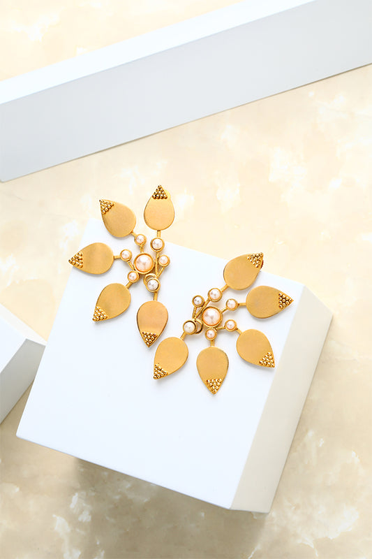 Gold Five Petal Earrings With Pearl Clusters