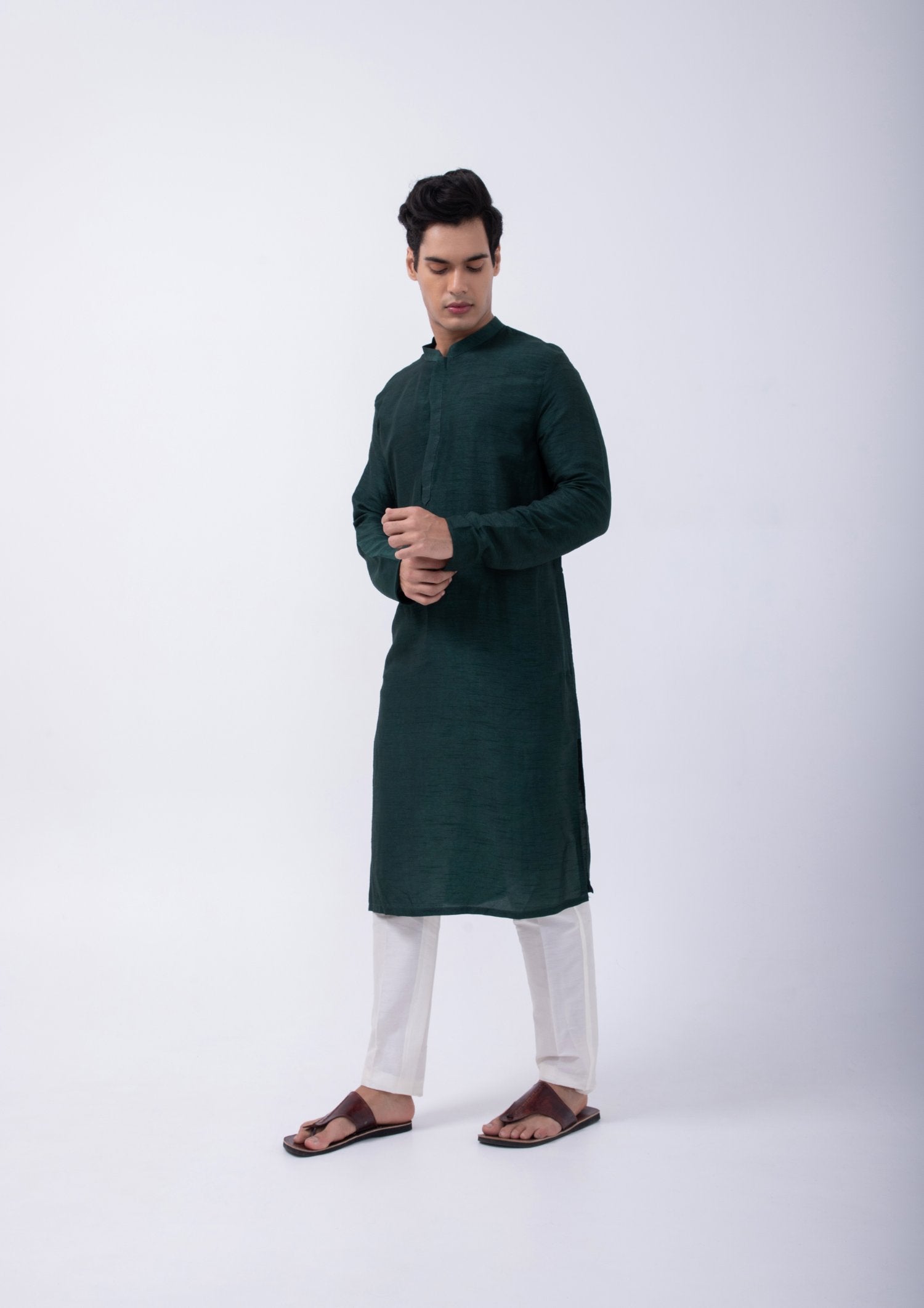 Bottle Green Curve Placket Kurta Set WitH Contrast Floral Emb Bundi