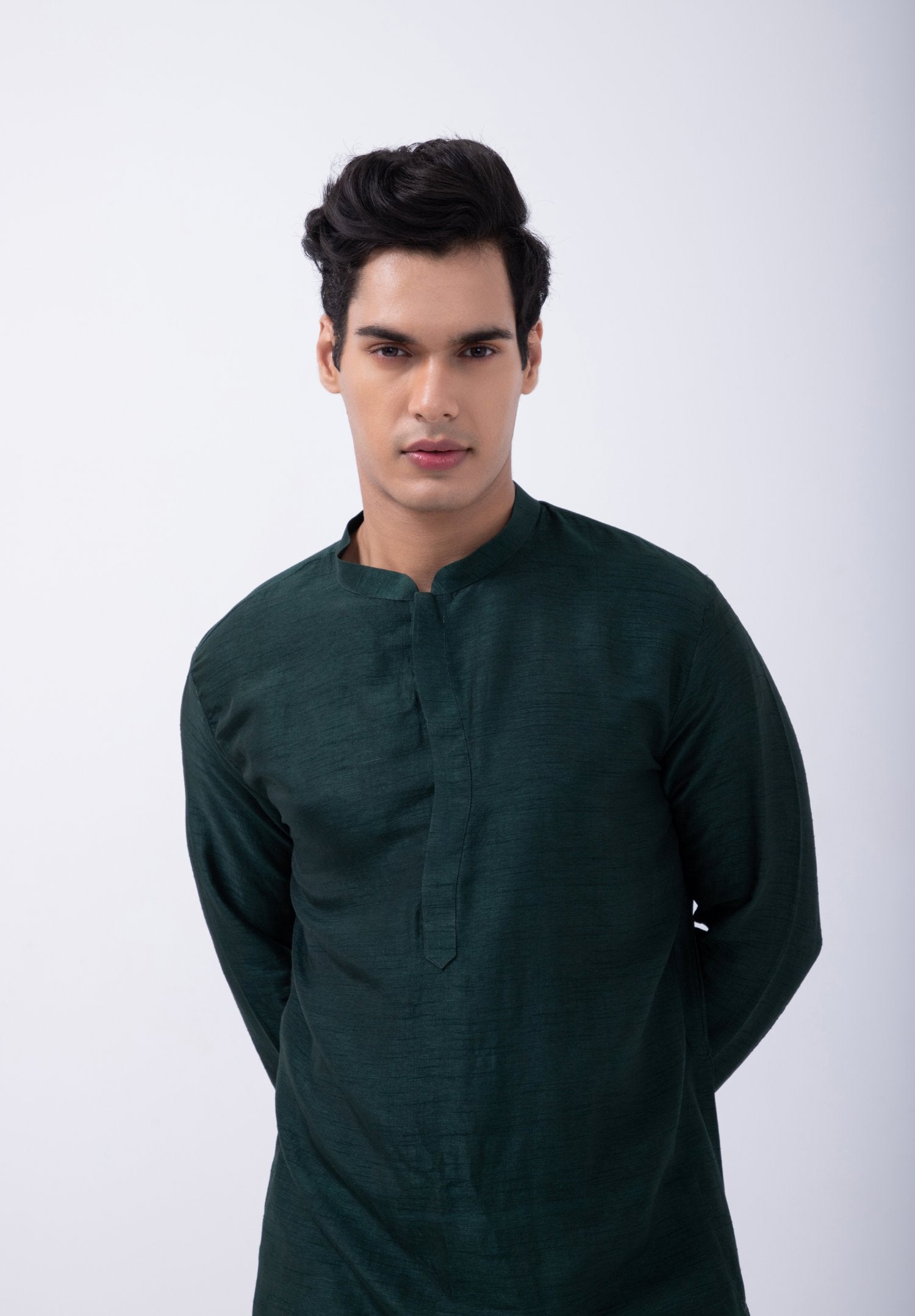Bottle Green Curve Placket Kurta Set WitH Contrast Floral Emb Bundi
