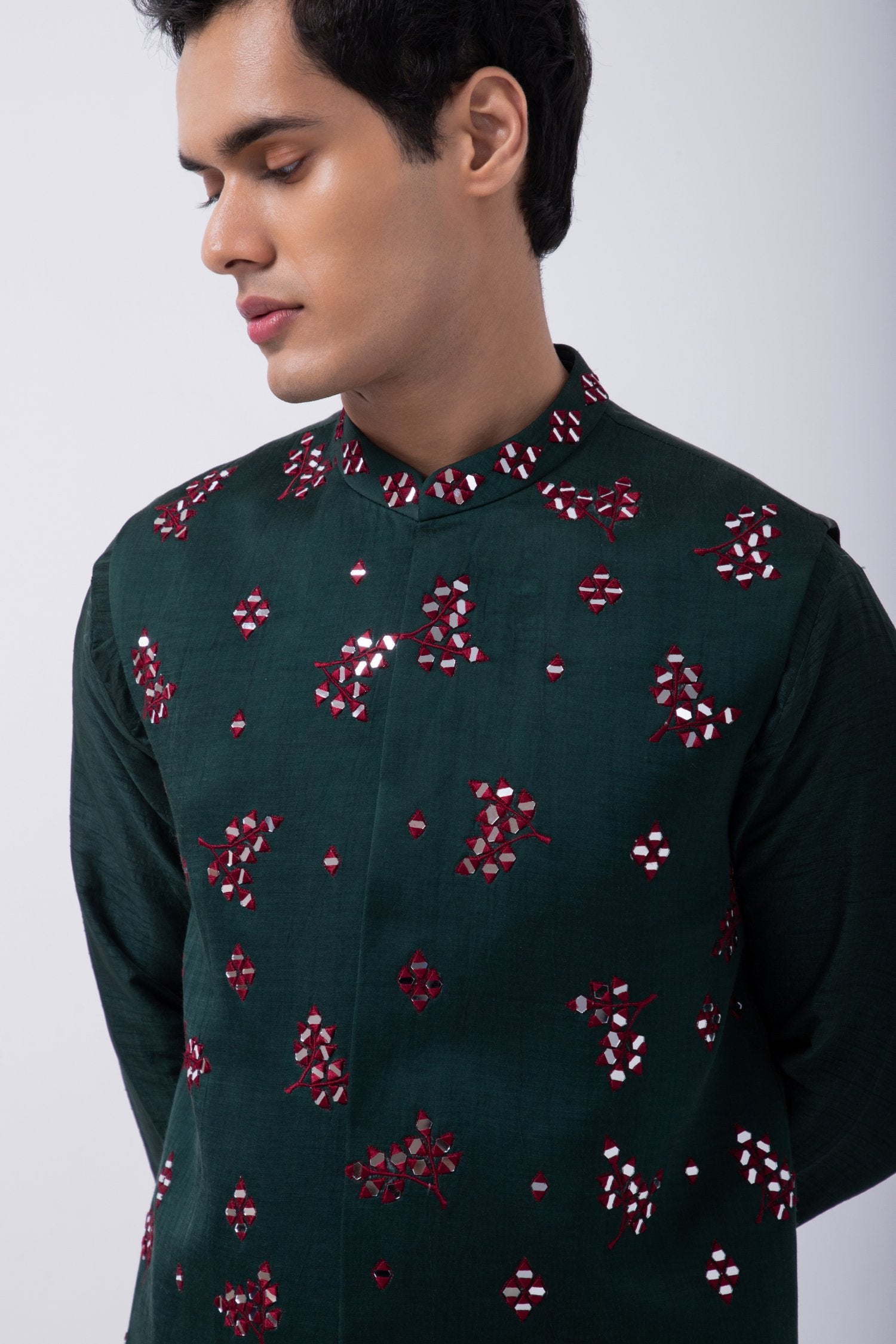 Bottle Green Contrast Floral Emb Bundi