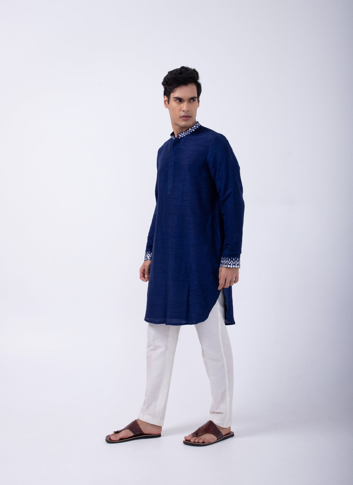 Blue Silver Hand Emb Kurta With Blue Silver Hand Emb Open Bundi