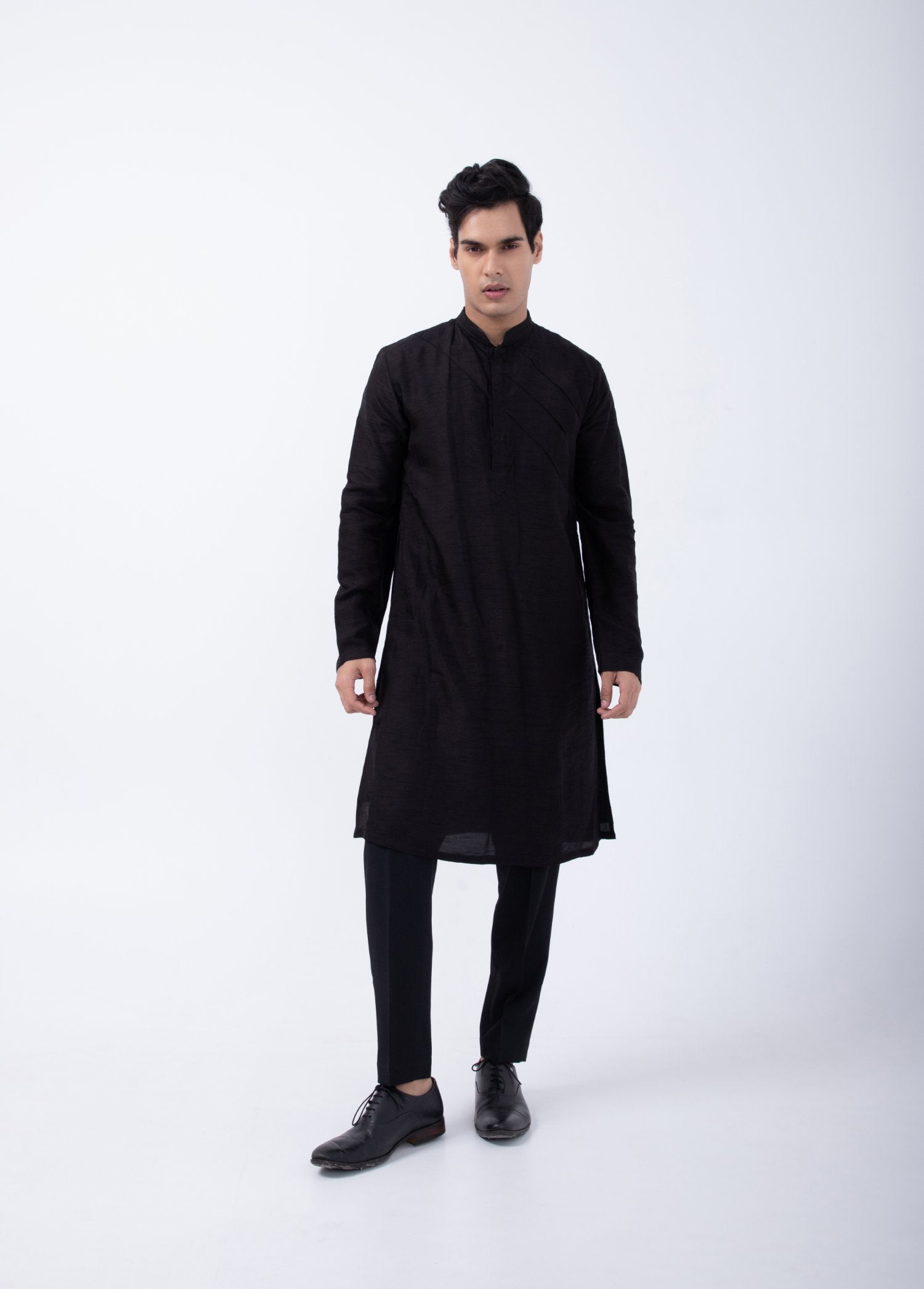Black Pintuck Kurta With Black 3D Embriodered Bundi