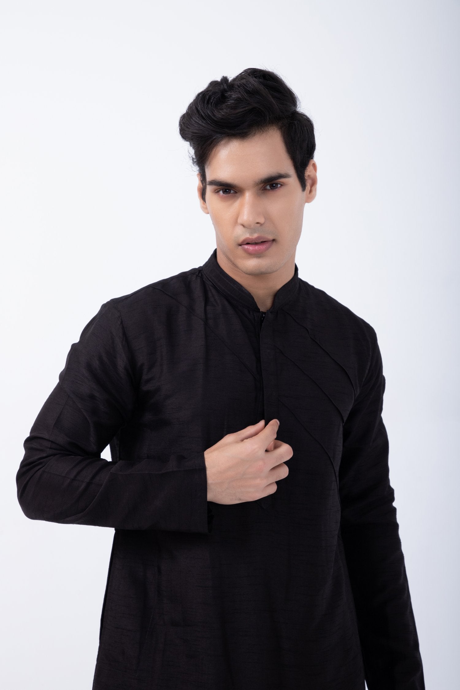 Black Pintuck Kurta With Black 3D Embriodered Bundi